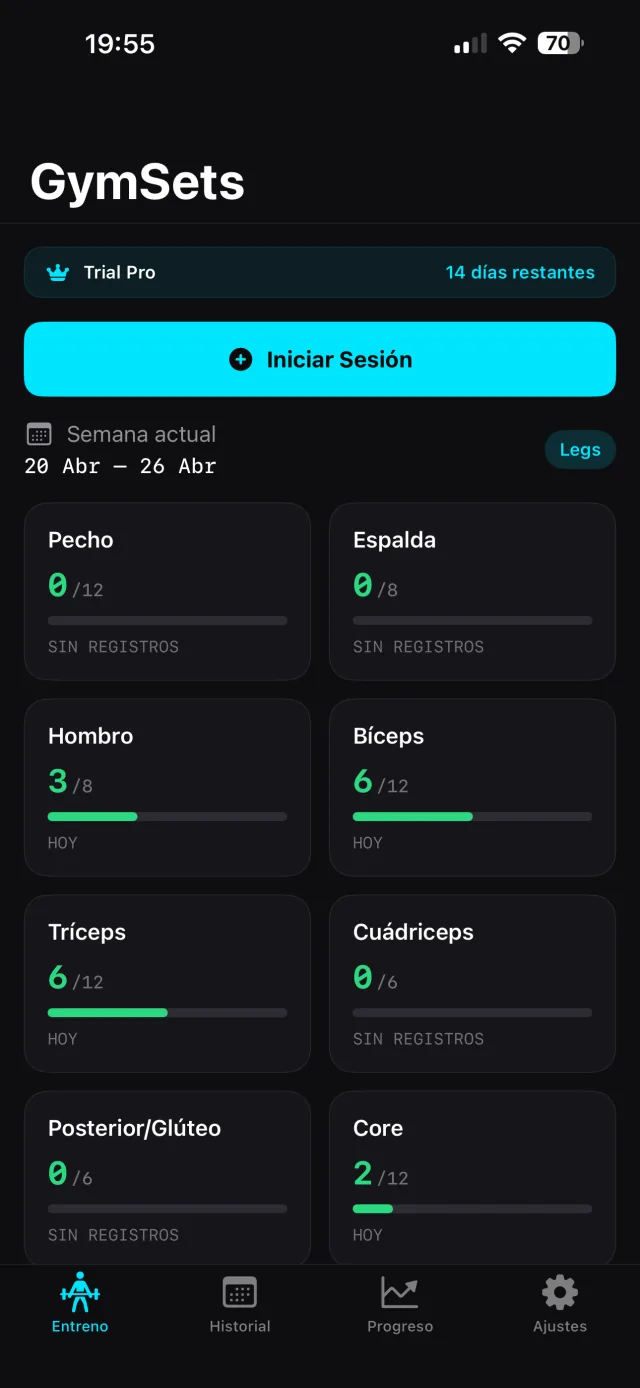 Pantalla principal de GymSets, con las series hechas de cada grupo muscular esta semana frente a su objetivo