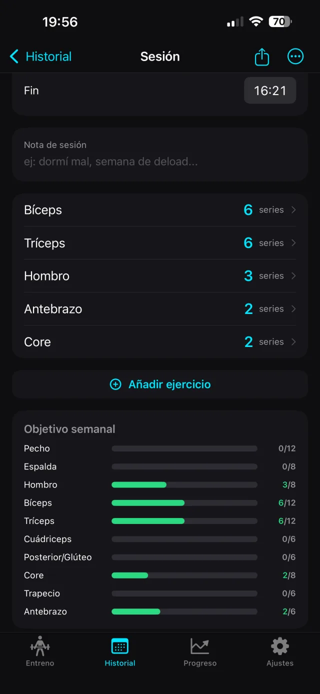 Detalle de una sesión en GymSets: series de cada grupo muscular y objetivo semanal