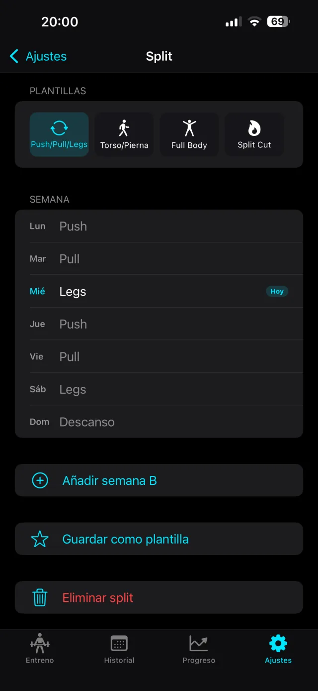 Configuración del split semanal en GymSets con la plantilla Push/Pull/Legs